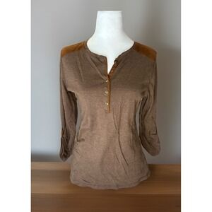 LRL Ralph Lauren Shirt  Size Med Tan Beige Henley Top Faux Suede Patch Normcore